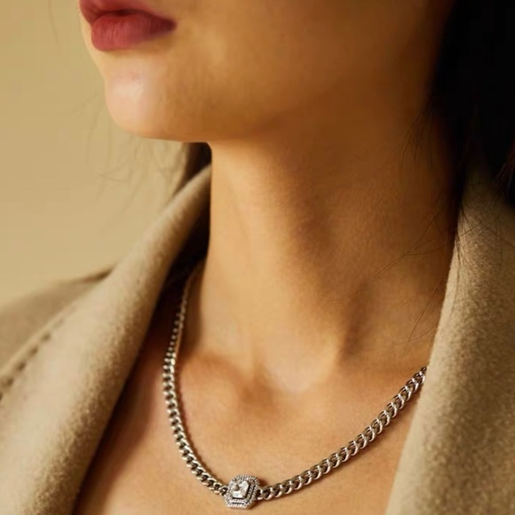 💎Street Fashion Silver Toned Zirconia Chain Necklace princess cut - Picture 5 of 10